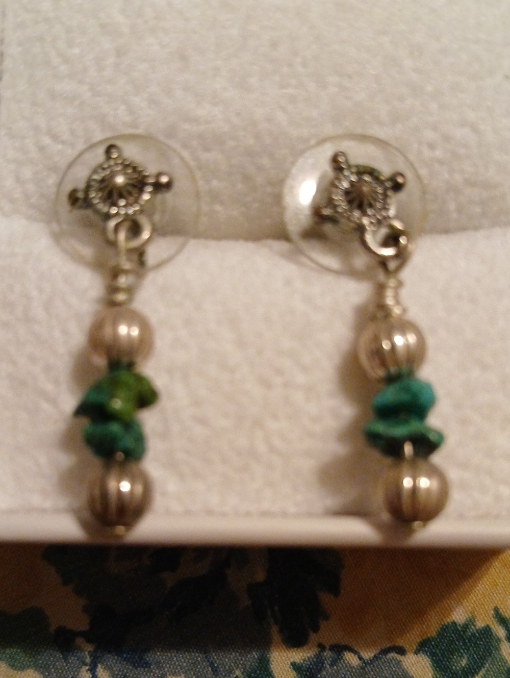 Silver Drop Earrings with Green Turquoise Chip Accents
